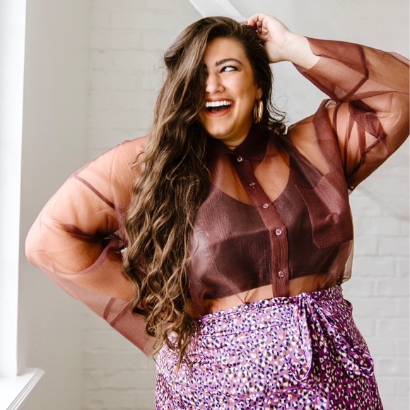 Brown sheer button up top - Picture 2 of 6